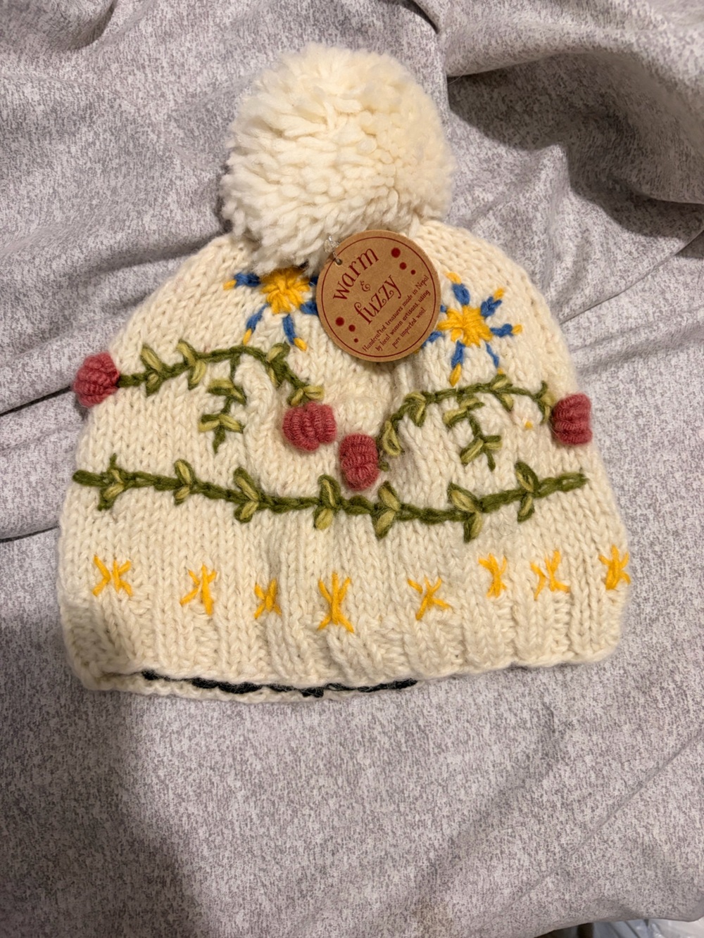 Cream Knit Pom Hat with Floral Embroidery